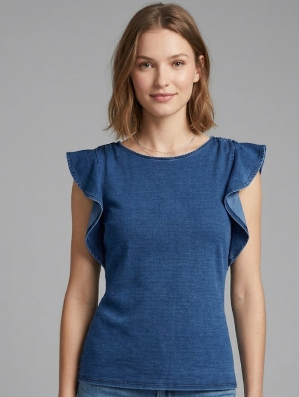 White House Black Market Denim Blue Ruffle Sleeve Tank Size XS